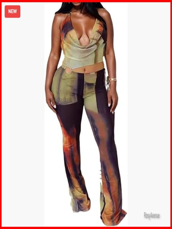 Pants - Sexy Mesh Halter Sleeveless Cut Out Tie Dye Jumpsuit Party Clubwear